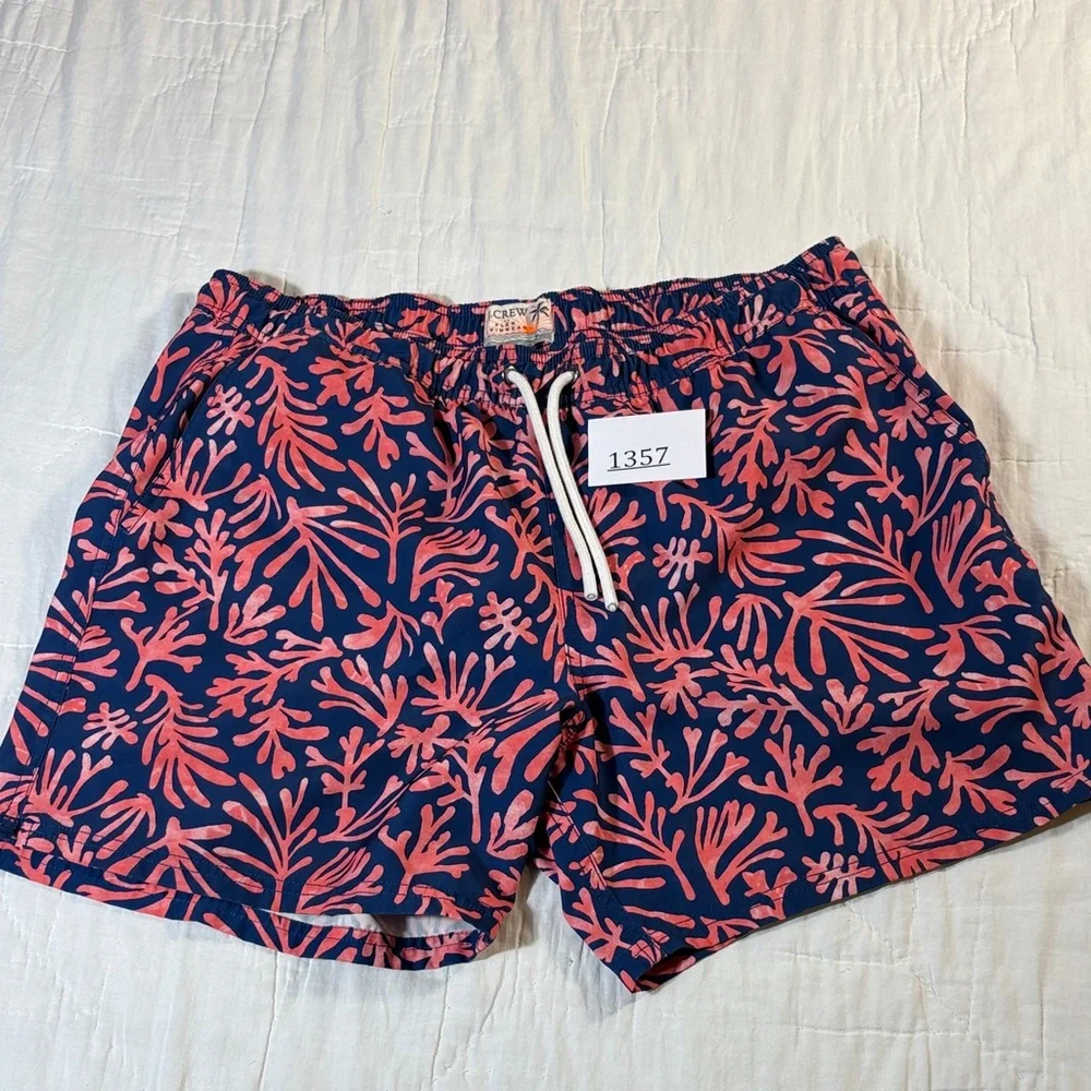 Men’s J. Crew Coral Branch Print Swim Trunks‎ Navy & Pink Size Large